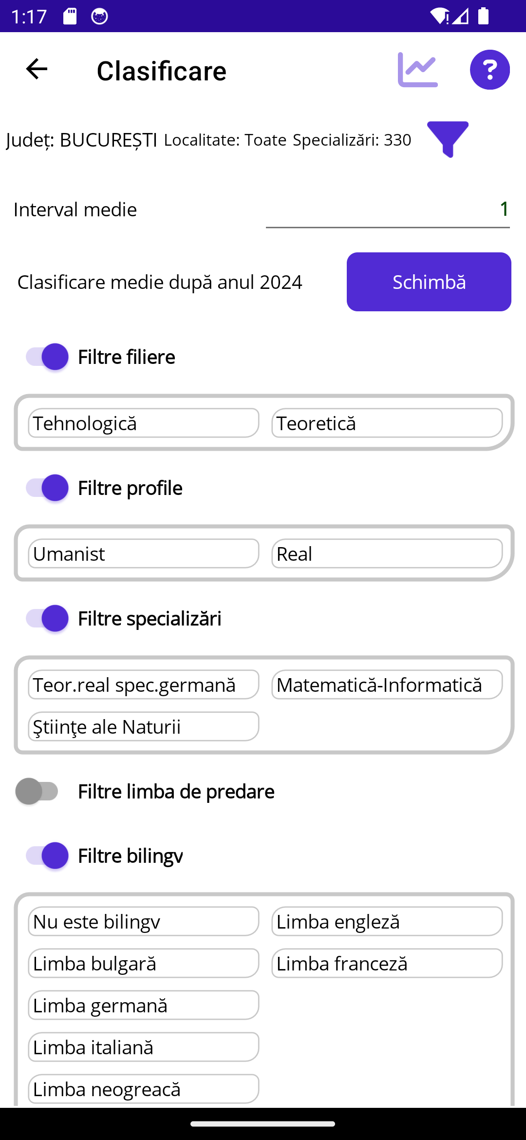 Filtrare specializari